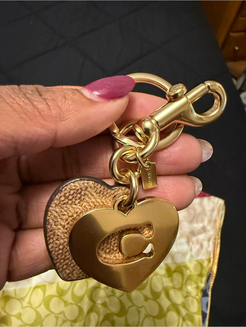 Coach Hearts Key Ring in Signature Canvas – Gold Tone Double Heart Bag Charm